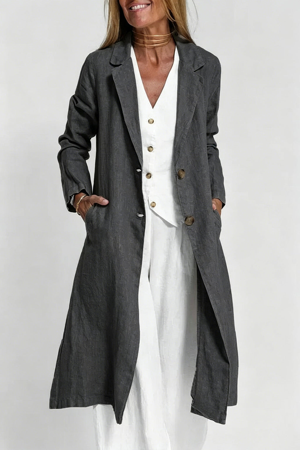 Long-sleeve Buttoned Cotton-linen Trench Coat With A Suit Collar