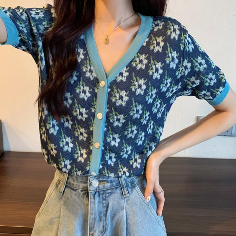 Summer High Waist Contrast Color Retro Knitted Cardigan