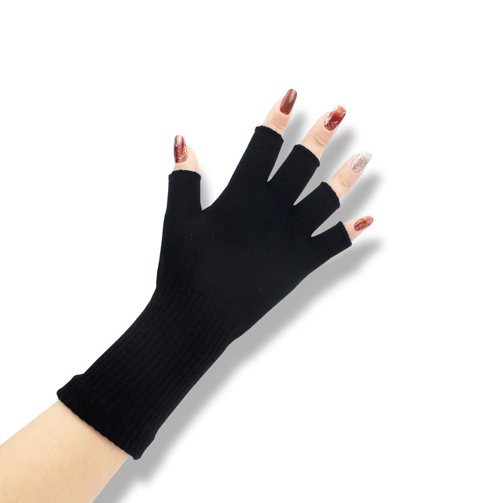 Solid-color Fashionable Acrylic Long-sleeve Ribbed Half-finger Thermal Gloves