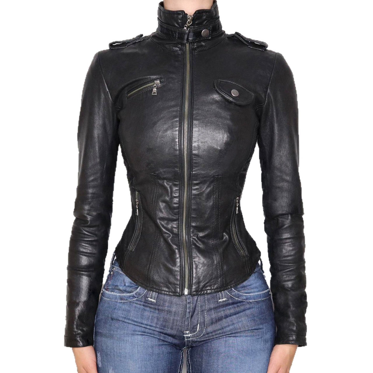 Locomotive Style Collar Leather Patchwork Waist-slimming Jacket