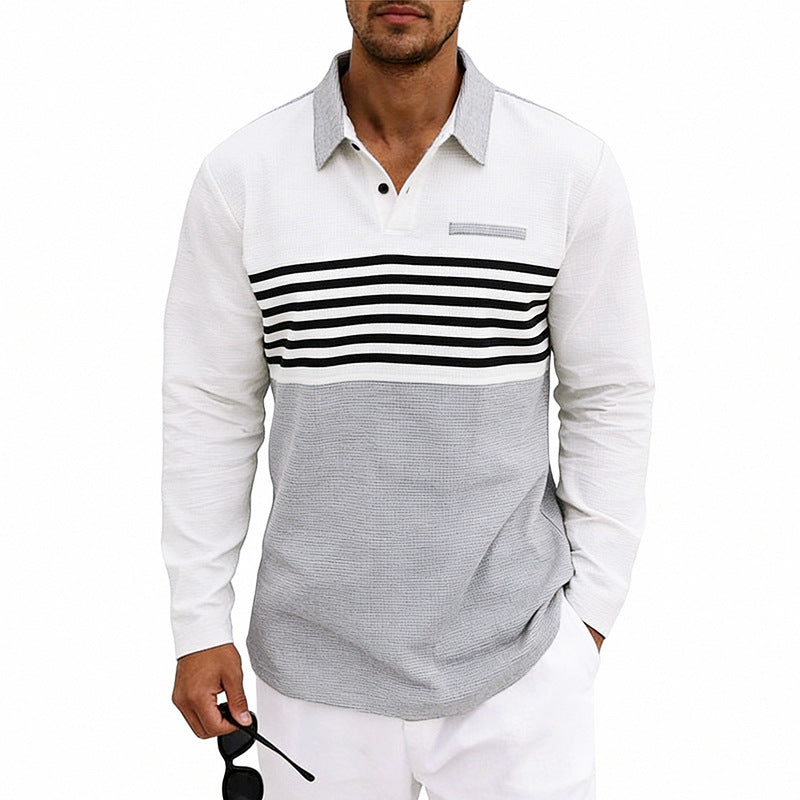 Men's Waffle-Weave Loose-Fit Casual Color-Block Striped Long-Sleeve