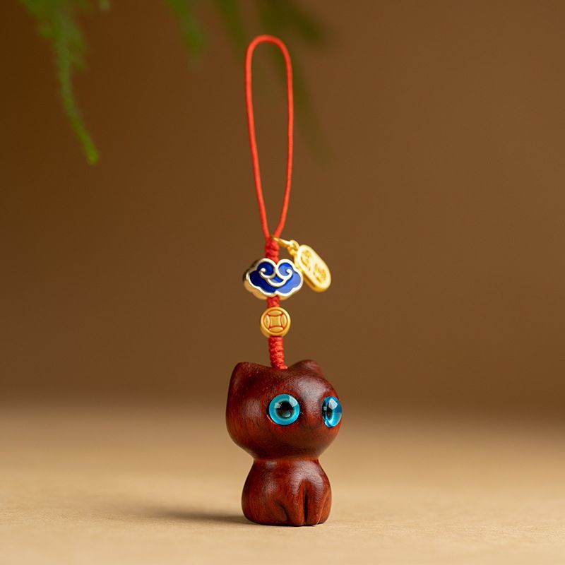 Ebony-carved Cat Car Keychain Pendant Cute