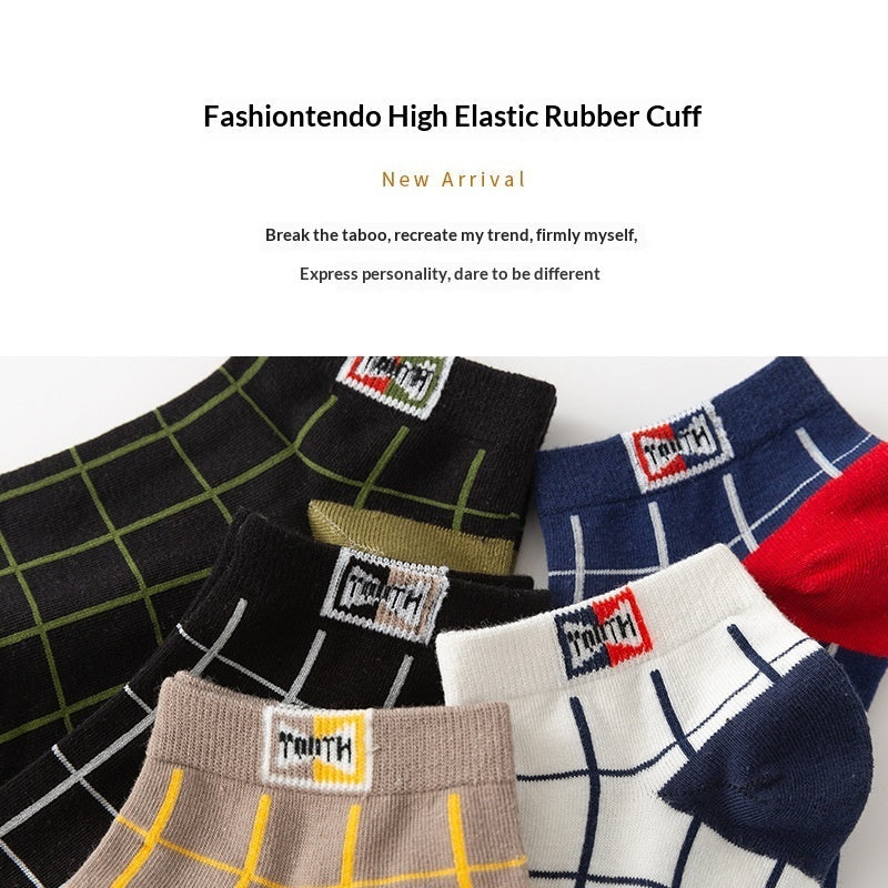 Mens Cotton Socks Plaid Pattern Low-cut All-season