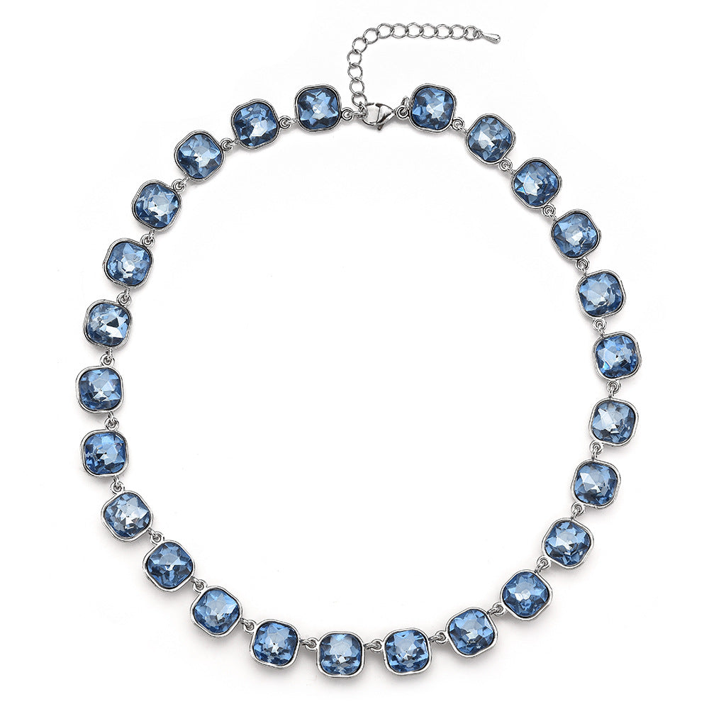 Light Blue Cushion Cut Cubic Zirconia Choker Necklace For Women, Silver Full Inlay Elegant Wedding Party Collarbone Chain Fashion Jewelry