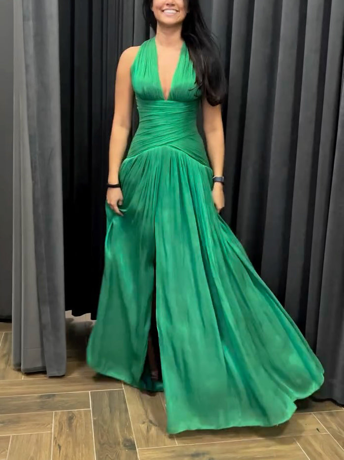 Emerald Green Plunging Neckline Gown With Pleated Skirt And Side Slit