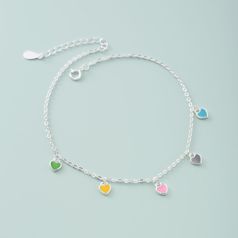 925 Sterling Silver Colorful Heart Oil-Drop Anklet For Women