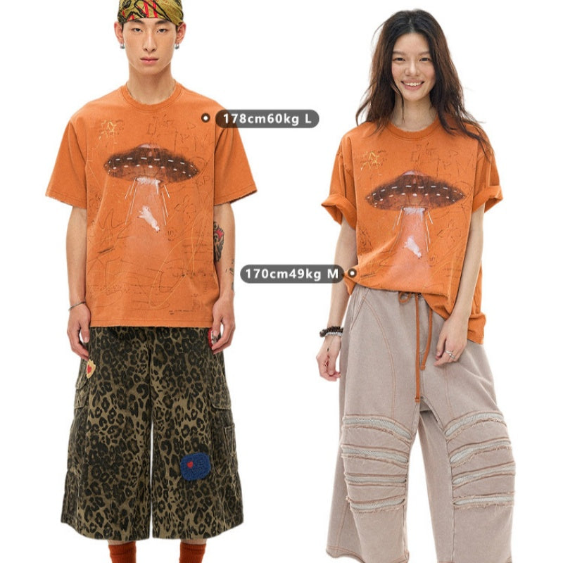 Orange Short-Sleeve T-Shirt With A Flying Saucer And Piglet Print