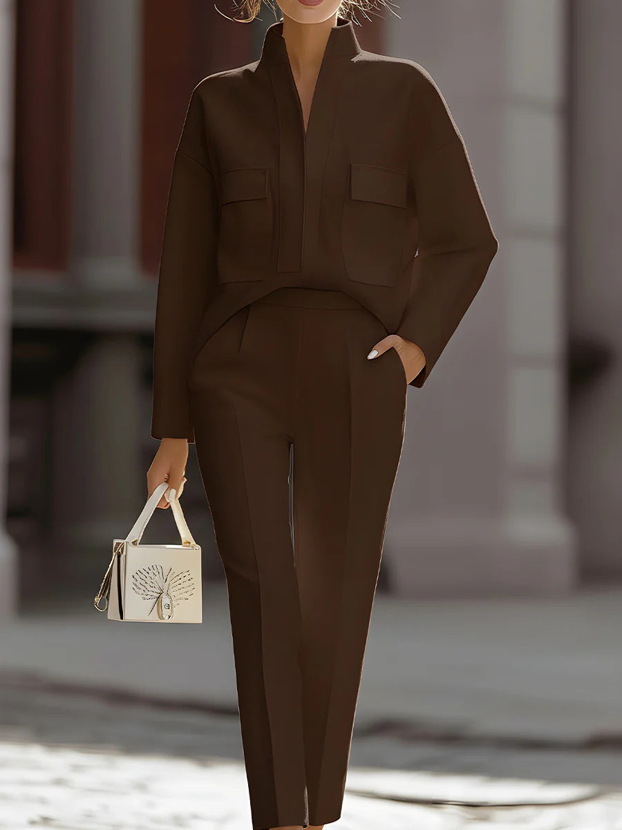 Women's Urban Commuter Pocketed Long-Sleeve Top & Pants Two-Piece Set