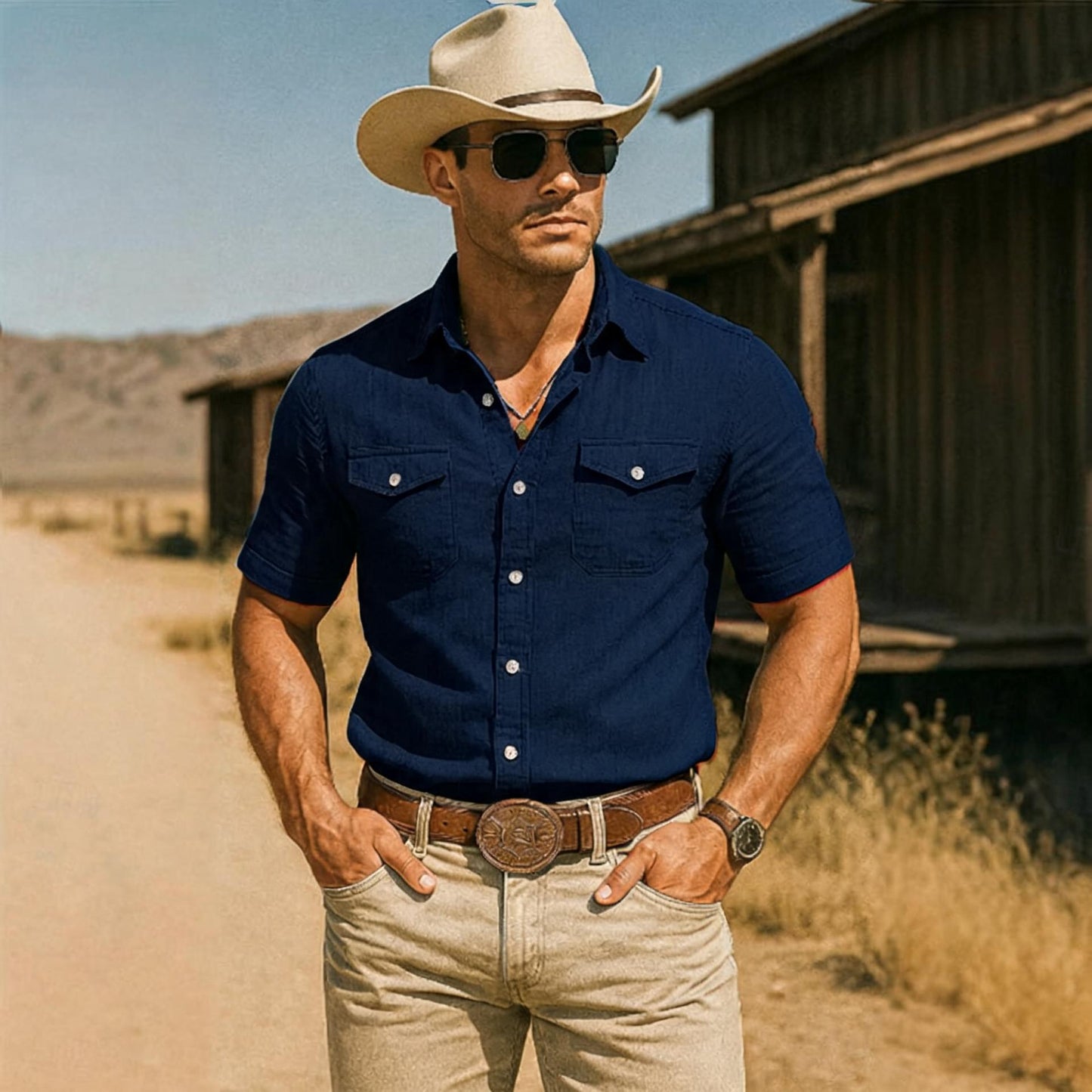 Mens Lapel-Neck Pocket Casual Short-Sleeve Shirt