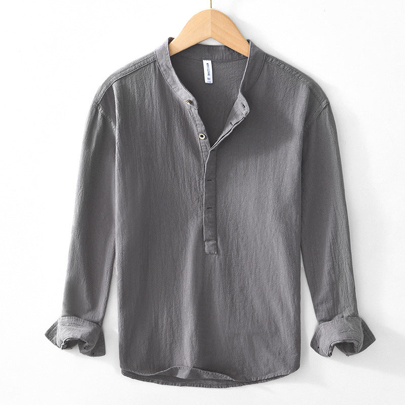 Chinese-style V-neck Pullover Cotton-linen Shirt