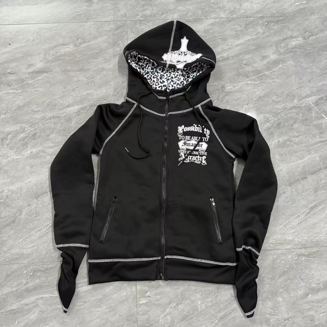 Cardigan Leopard-print Cross-skeleton Hooded Sweatshirt