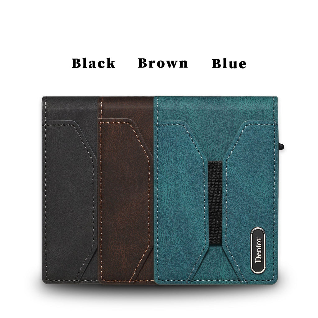 Smooth Leather Button-operated Automatic Pop-up Card Case With Elastic Band Wallet