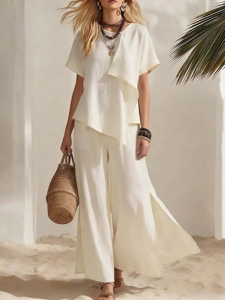 Casual Asymmetrical Short-sleeve Top And Slit Wide-leg Pants Set