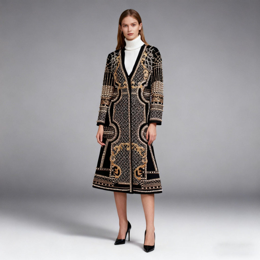 Womens Long Suit-Style Trench Coat With Floral Print And Beading