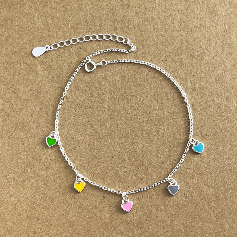 925 Sterling Silver Colorful Heart Oil-Drop Anklet For Women