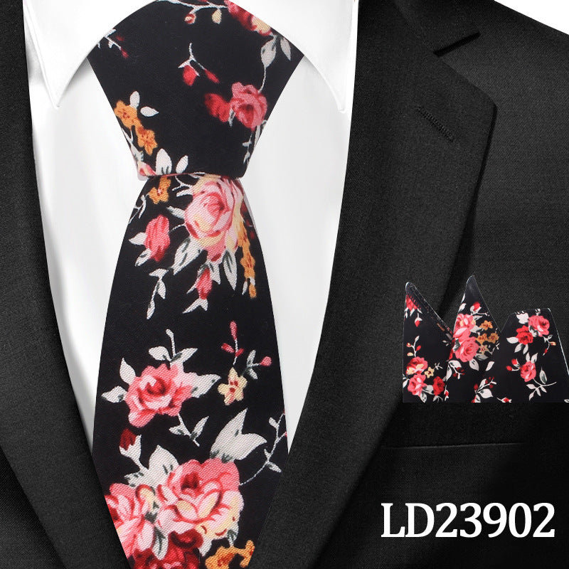 Casual Cotton Floral Print 6cm Casual Tie Pocket Square Suit