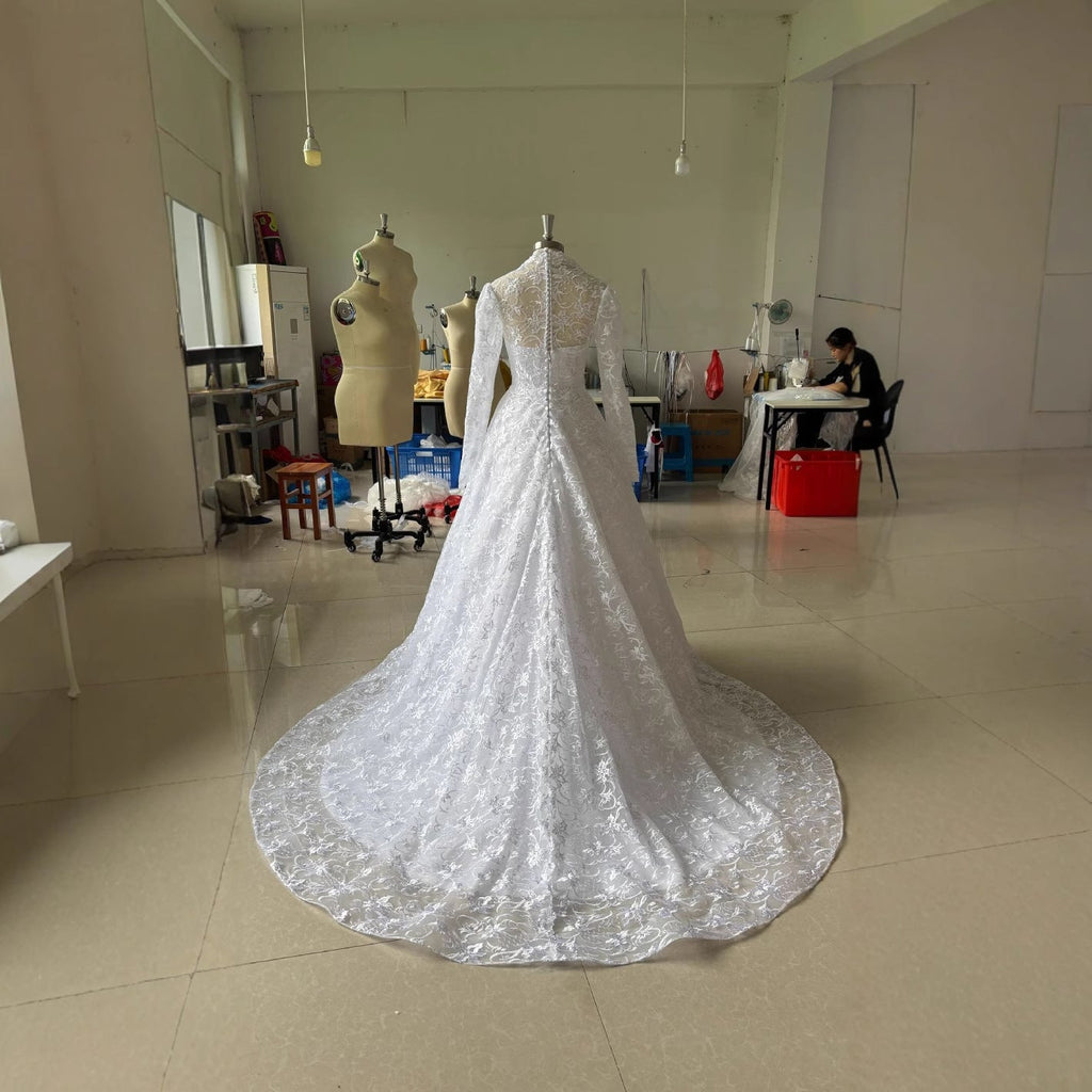 Embroidered Long Sleeve Trailing Wedding Dress