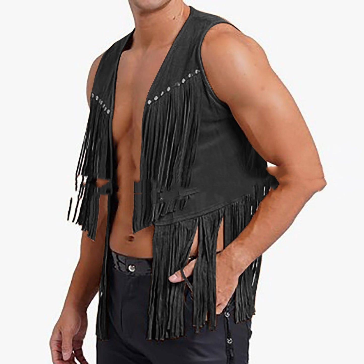 Men's Suede Sleeveless Vneck Rivet Tassel