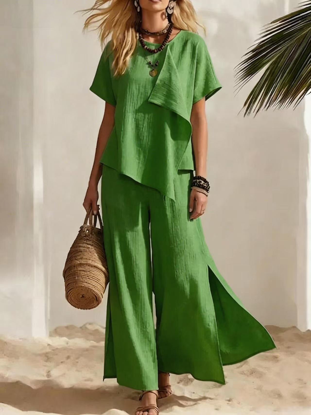 Casual Asymmetrical Short-sleeve Top And Slit Wide-leg Pants Set