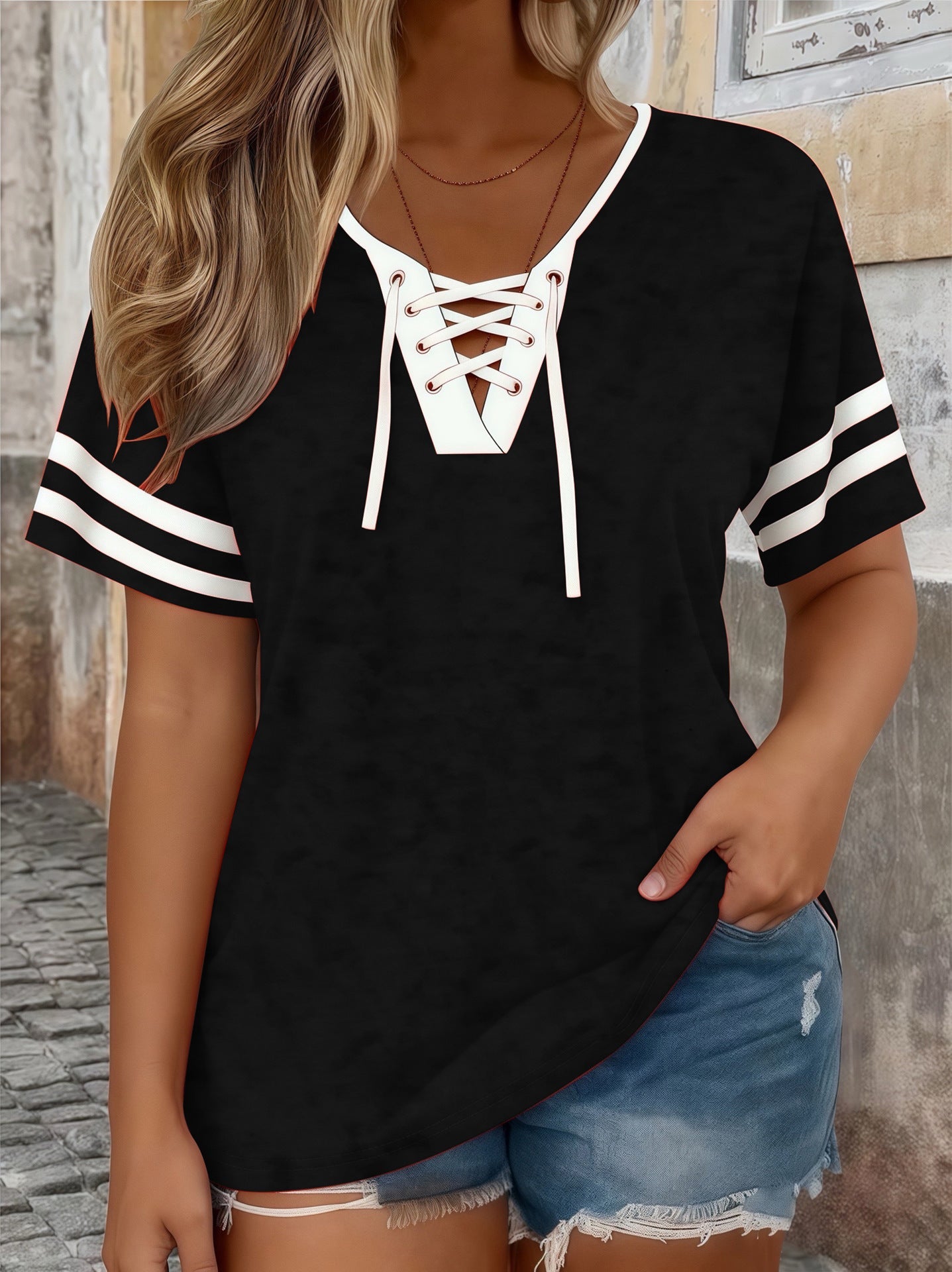 Color-Block Half-Sleeve V-Neck Plus-Size Womens T-Shirt
