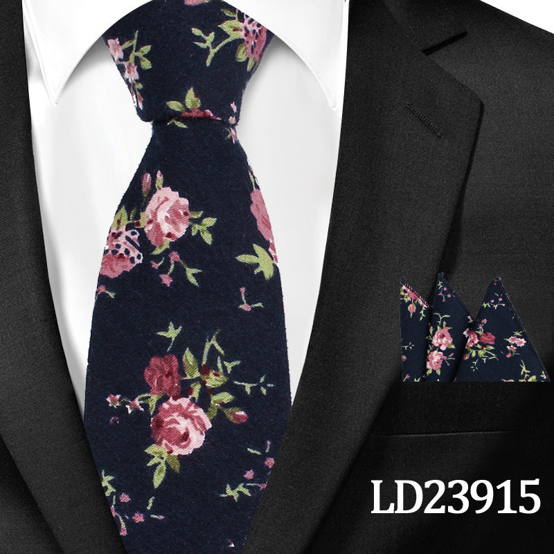 Casual Cotton Floral Print 6cm Casual Tie Pocket Square Suit