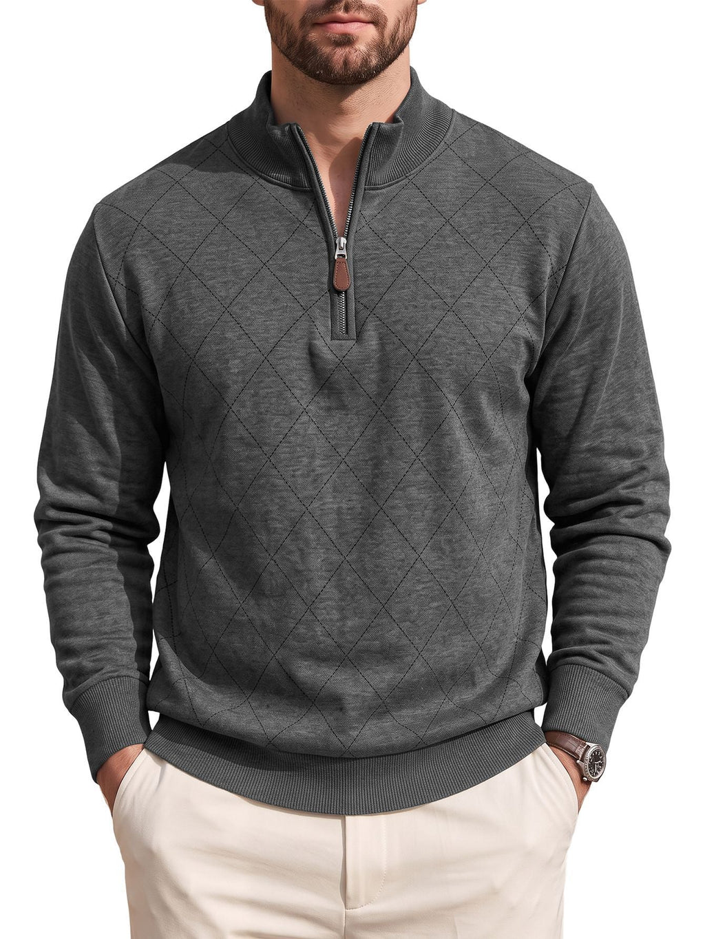 Mens Diamond-Check Half-Zip Long-Sleeve Casual Sweatshirt