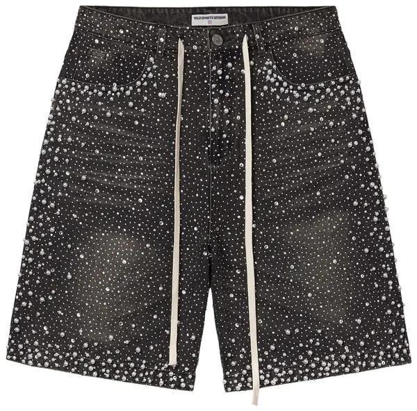 Straight-leg Rhinestone-studded Denim Shorts