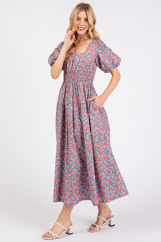New Summer Smocked Floral Square Neck Puff Sleeve Midi Dress – Vintage-Inspired, Feminine, Trendy, Romantic, and Flattering Fit