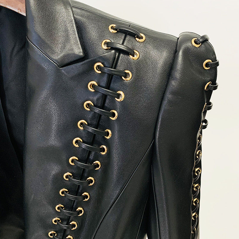 Fashion Heavy Industry Eyelet Rope Slim-fit Leather Coat Suit Jacket