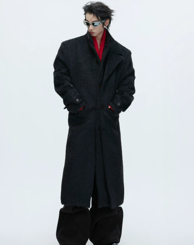 Short-pile Faux Two-piece Wool Coat Long Alpaca-blend Trench Coat