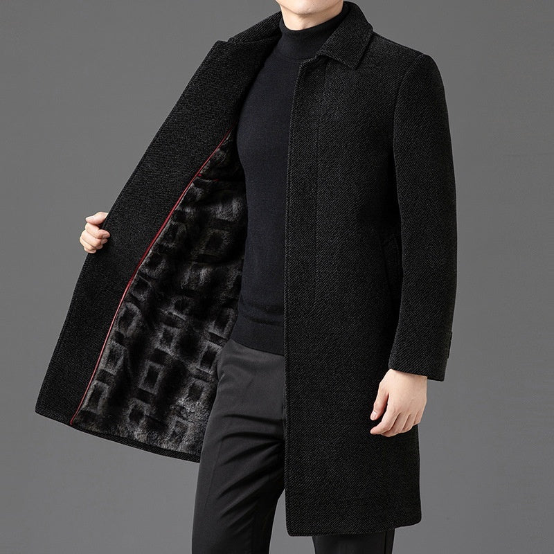 Temperament Lapel With Velvet Men's Woolen Coat