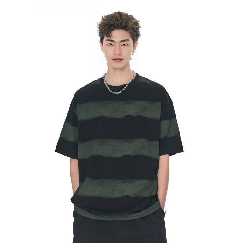 Tie-dye Washed Striped Short-Sleeve Mens Cotton T-Shirt