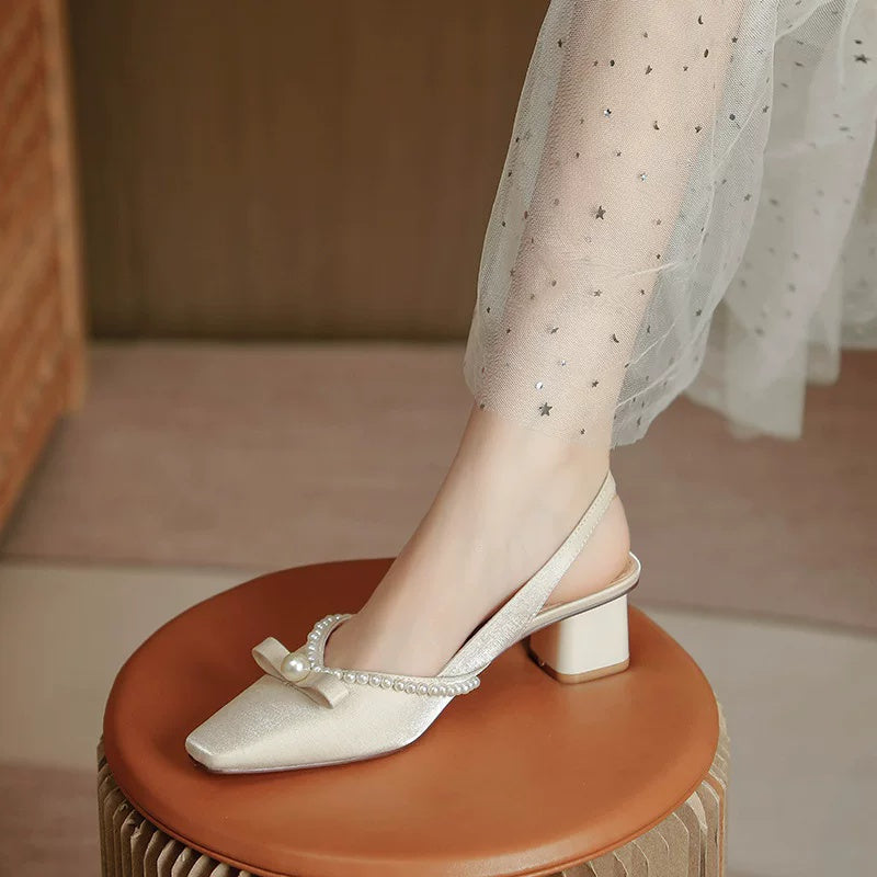 Women Block Heel Closed Toe Sandals, 2026 Summer New Fashion Square Toe Back Strap Pearl Fairy Style High Heel Pumps