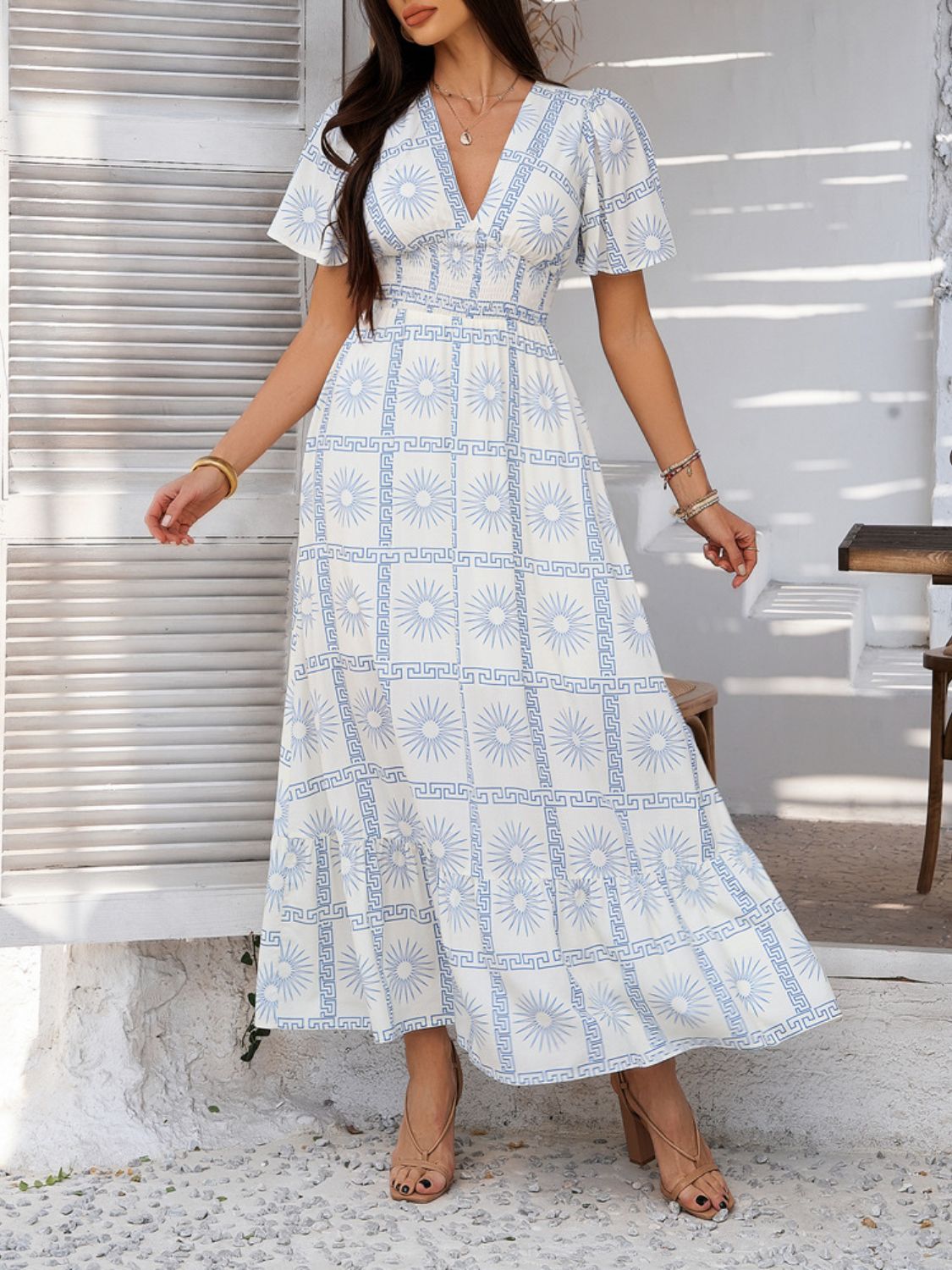 Elegant Printed V-Neck Short Sleeve Maxi Dress Beautiful Casual Women Long Dress