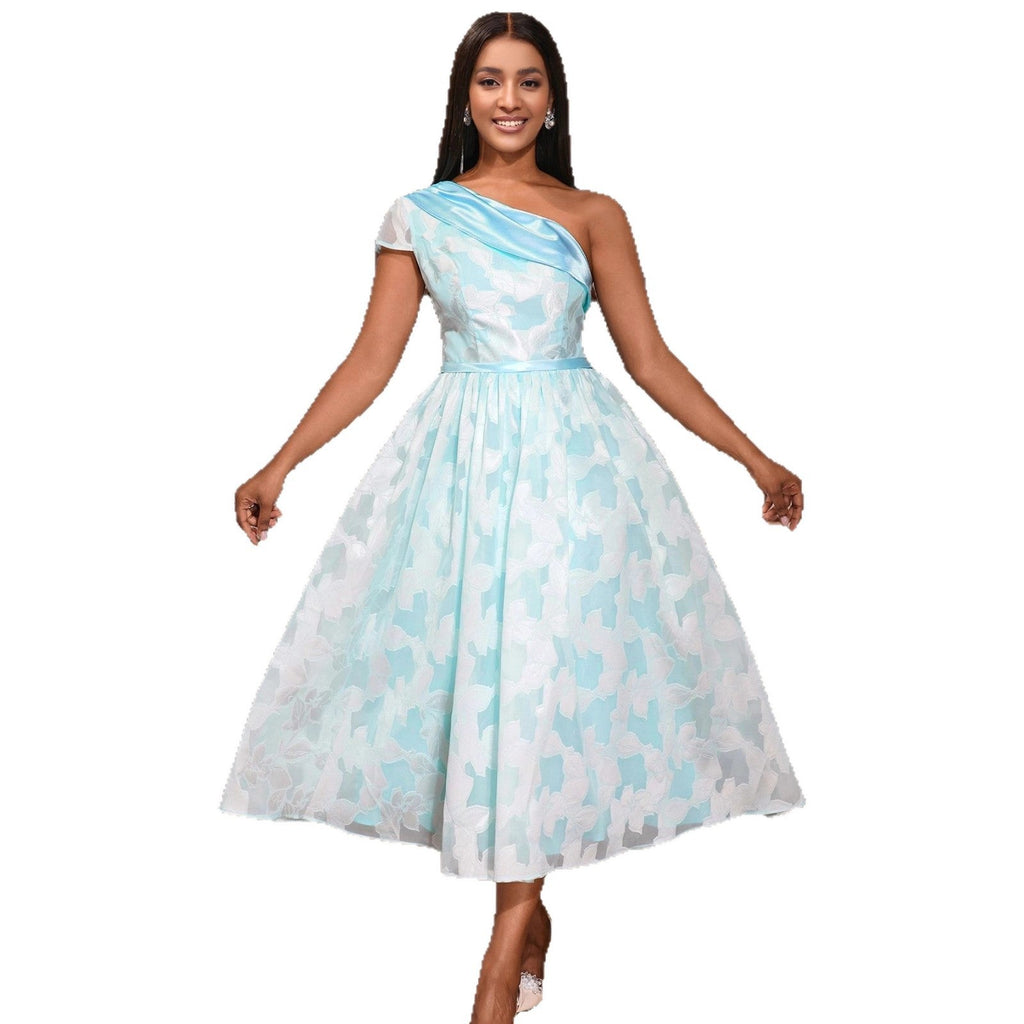 Women's Oblique Shoulder Contrast Color Evening Dress Jacquard Elegant Dress