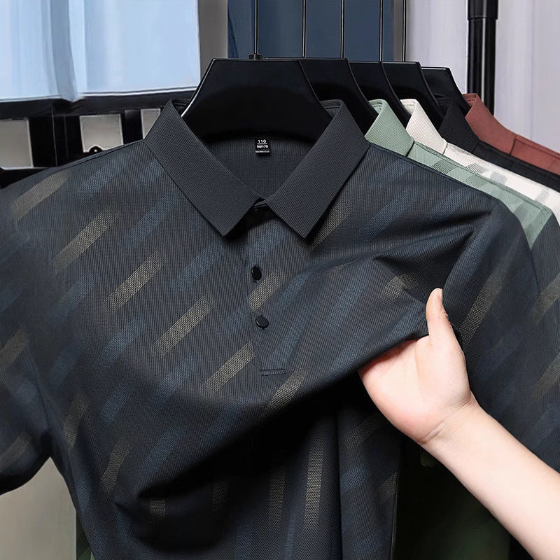 Mens Mid-age Lapel Short-sleeve T-shirt Top