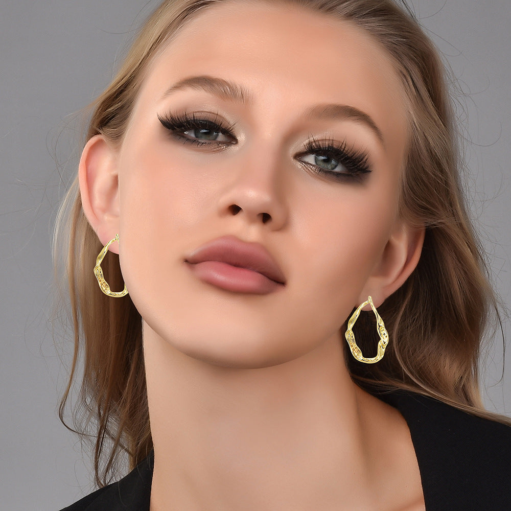 Organic Irregular Water Drop Hoop Earrings, Hammered Liquid Texture Gold Open Hoops, Minimal Quiet Luxury Women Jewelry For Europe Spain