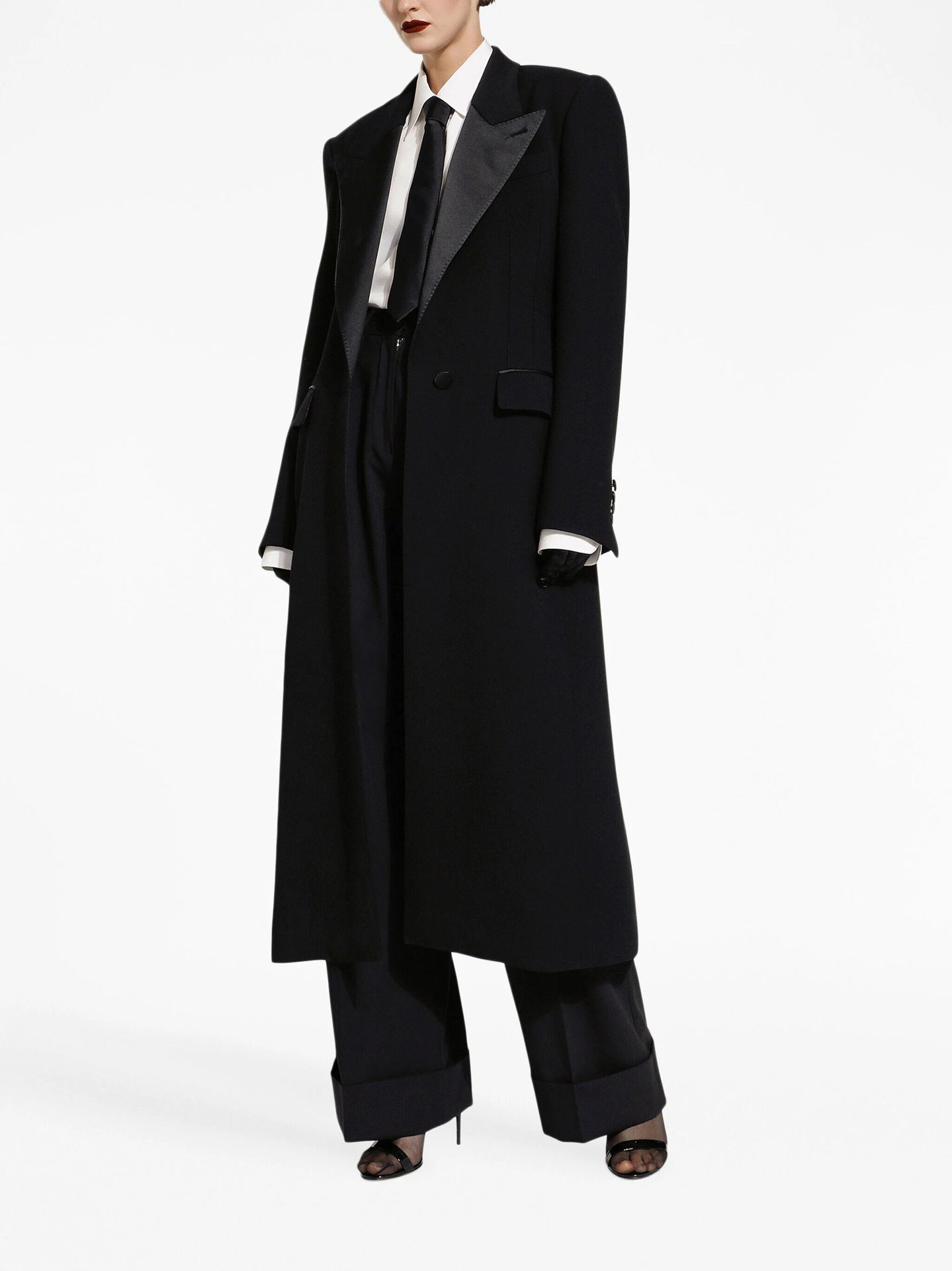 Colored Satin-lined Long-sleeve Coat With A Back Slit