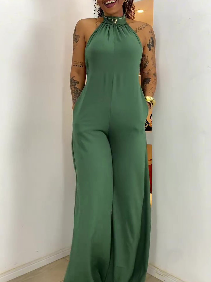Green Halter-neck Backless Jumpsuit