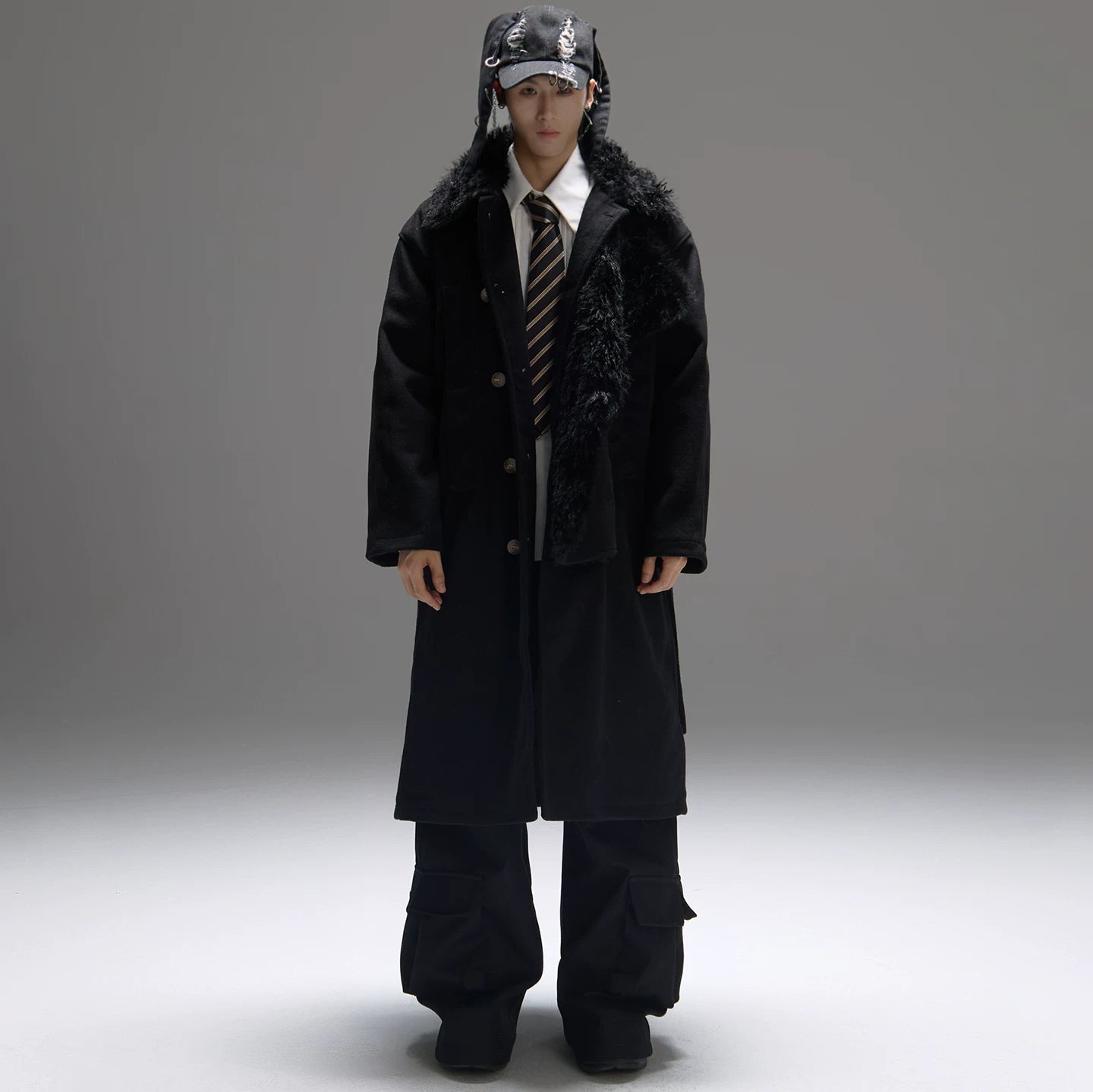 Color-block Design Over-the-knee Trench Coat Silhouette Plus-thick Cotton Coat