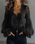 Womens Lace-Patchwork Ruffle-Shoulder Pleated Shirt