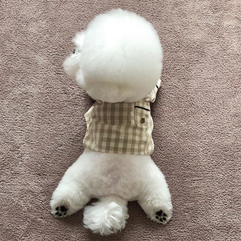 Korea Plaid Khaki Blue Pocket Pajamas For Dogs