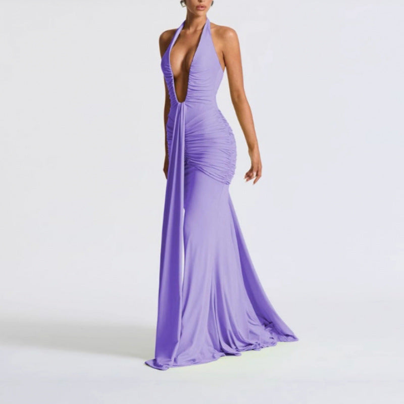 Solid Color Elegant Halter Deep V Waist-slimming Long Dress