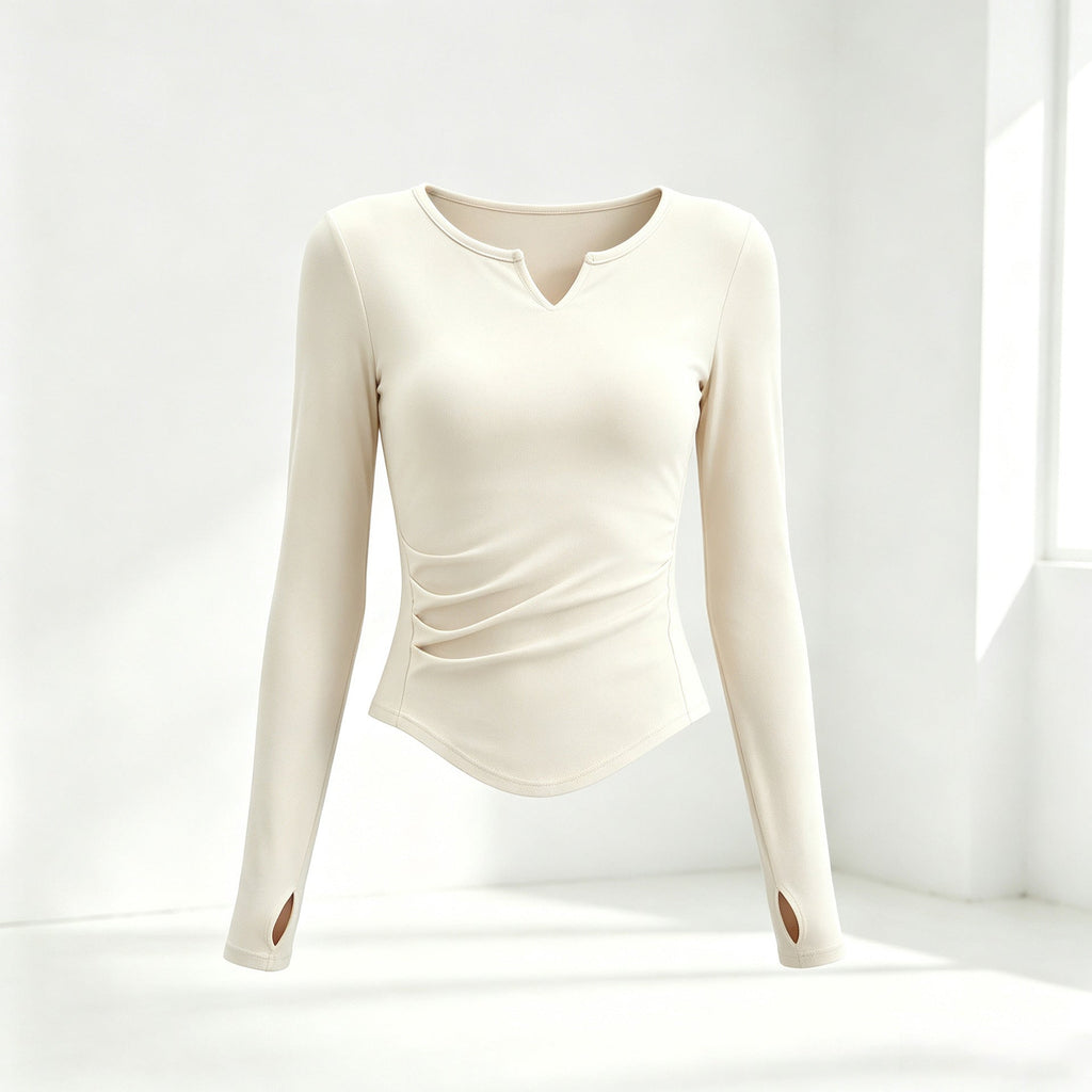 Small V-neck Pleated-waist Long-sleeve Womens Top