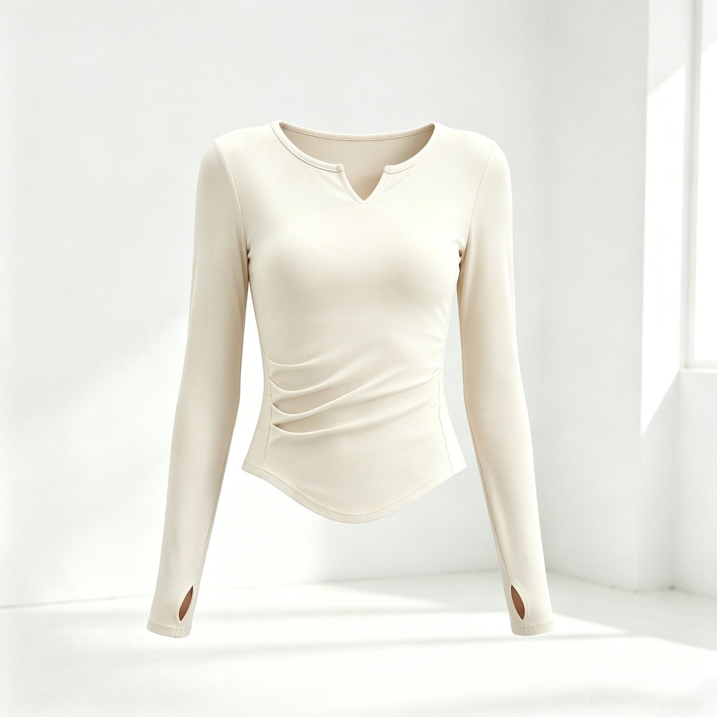 Small V-neck Pleated-waist Long-sleeve Womens Top