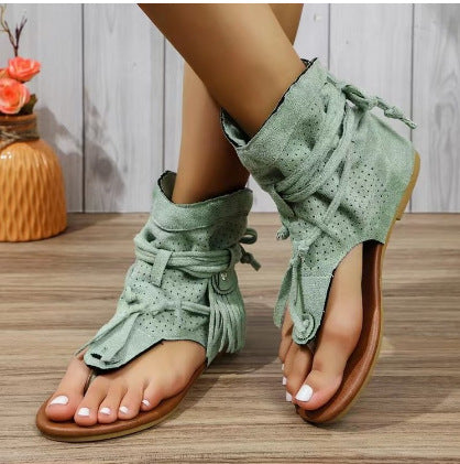 Retro Flat Bottom Tassel Hollow Toe Sandals