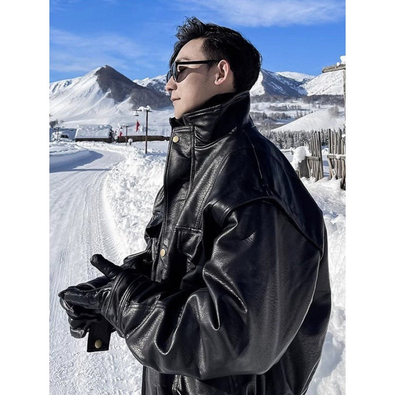 Jacket Leather Coat Autumn And Winter Men's Coat Trendy Handsome Fleece Thickened Pilot Motorcycle Plus Size