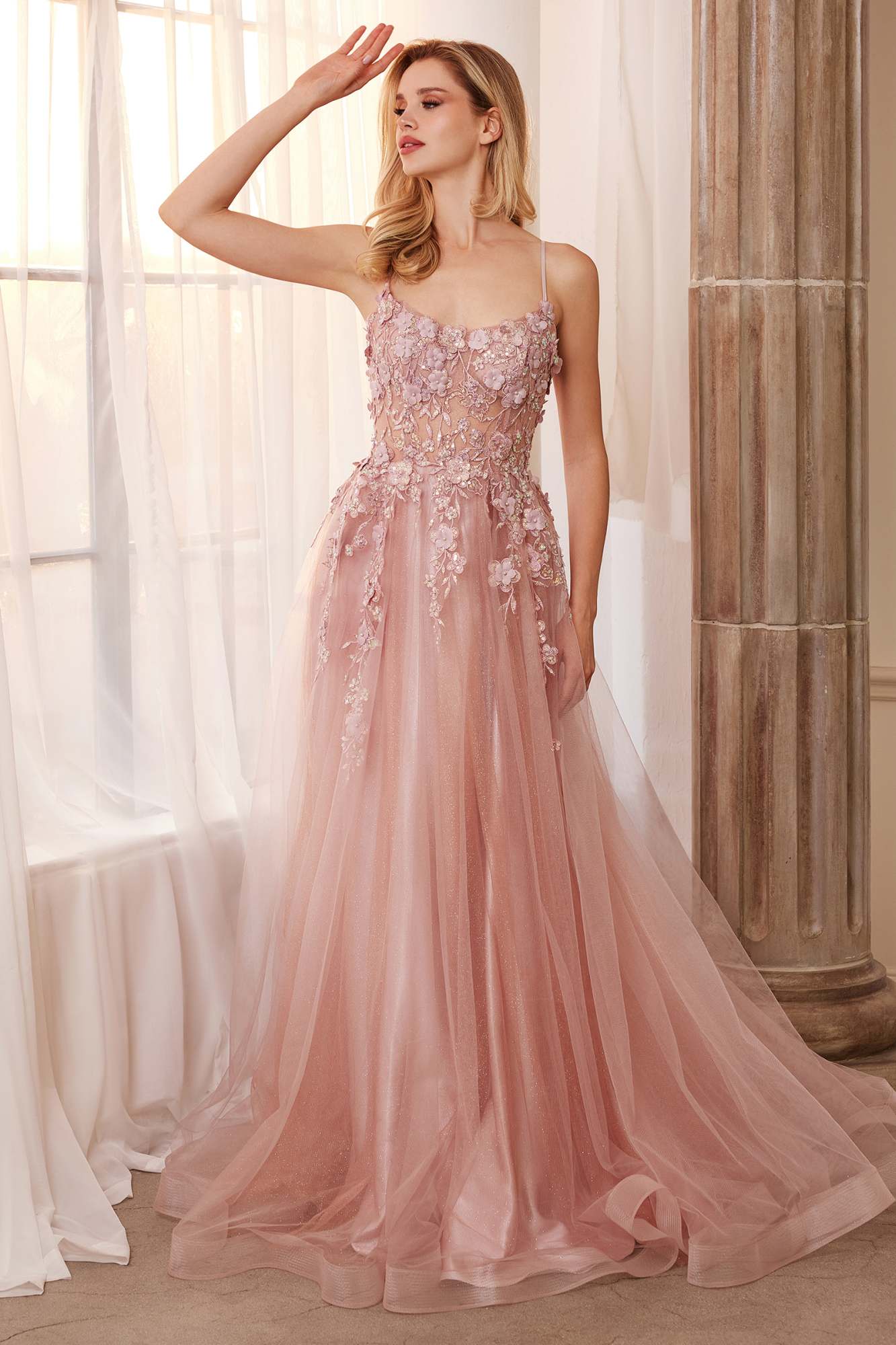 Andrea & Leo A1142 Floor Length Floral Applique A-Line Tulle Gown