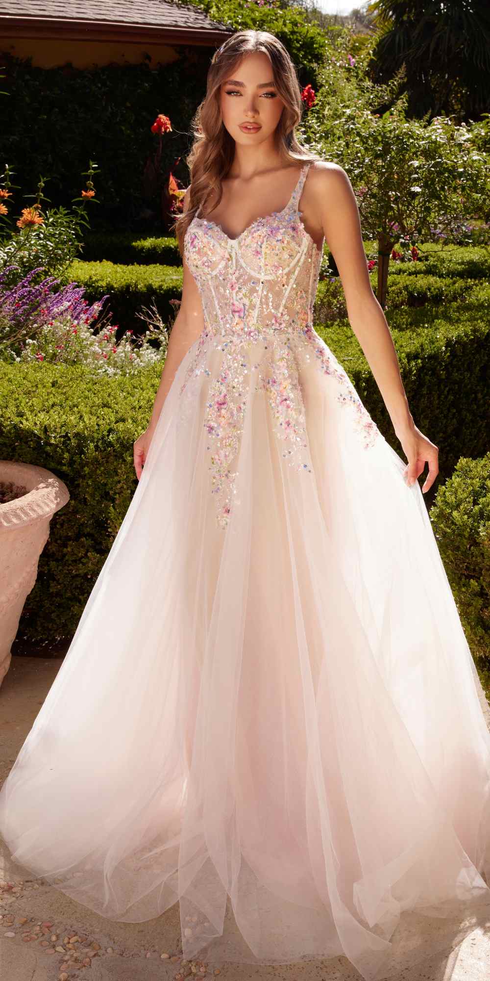 Andrea & Leo A1288 Long A-Line Dress Multicolored Floral Embellishments
