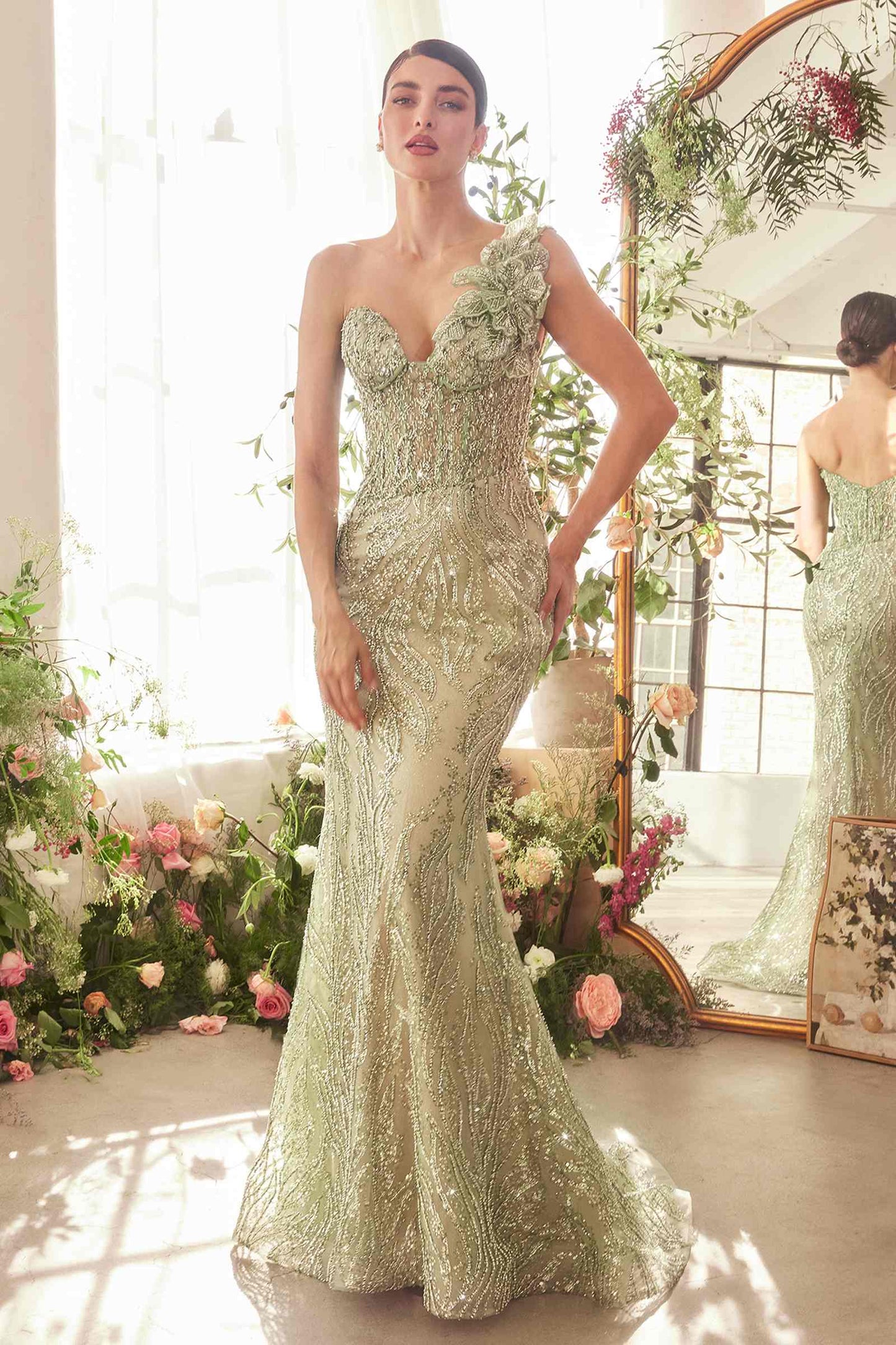 Andrea & Leo A1392 Dress One Shoulder Fully Beaded Floral Motif Gown